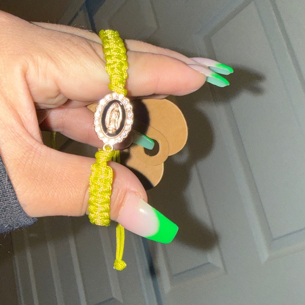 Green Macramé Bracelet with Religious Charm